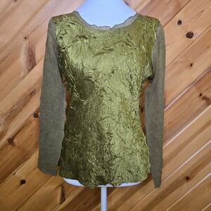 Komarov Womens Green Crinkle Metallic Fairy Whimsy Long Sheer Sleeves Sz S‎